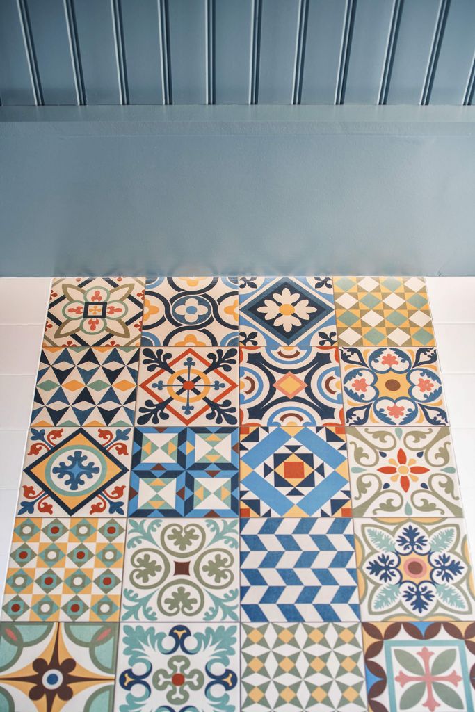A tile decoration with different patterns on each tile