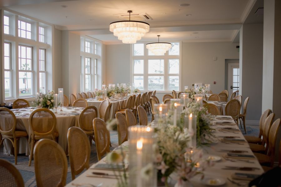 reception dinner table setup for wedding with white flowers